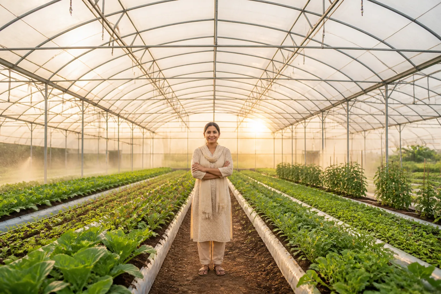 Inside a Soham Greens polyhouse - steel structure and crop rows in morning light