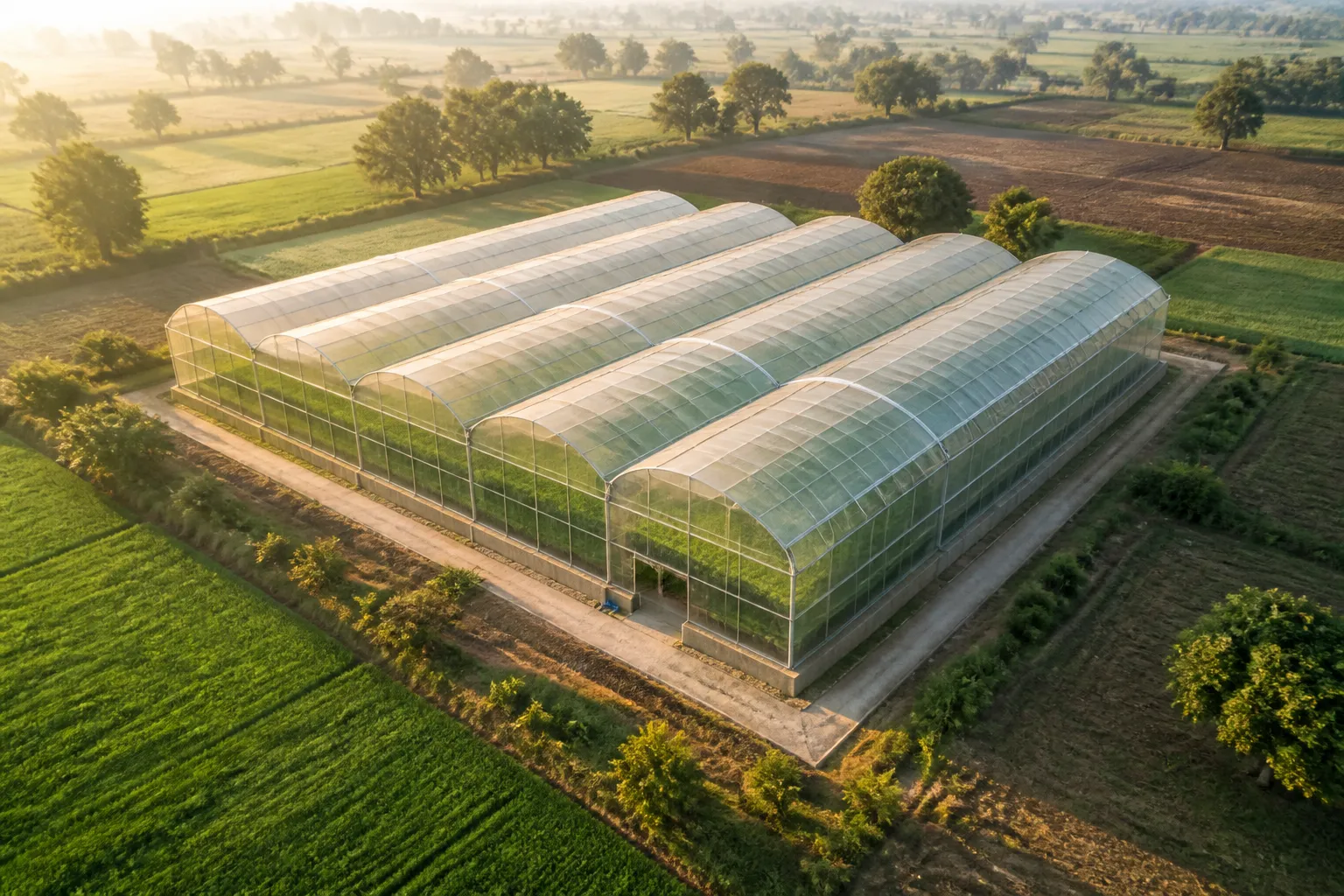 Aerial view of a Soham Greens polyhouse complex in Madhya Pradesh