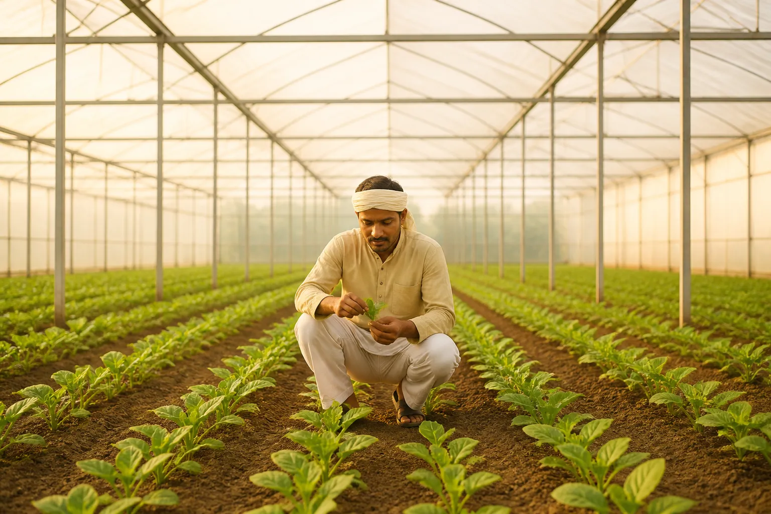 Inside a Soham Greens polyhouse - farmer inspecting young crop in warm diffused light