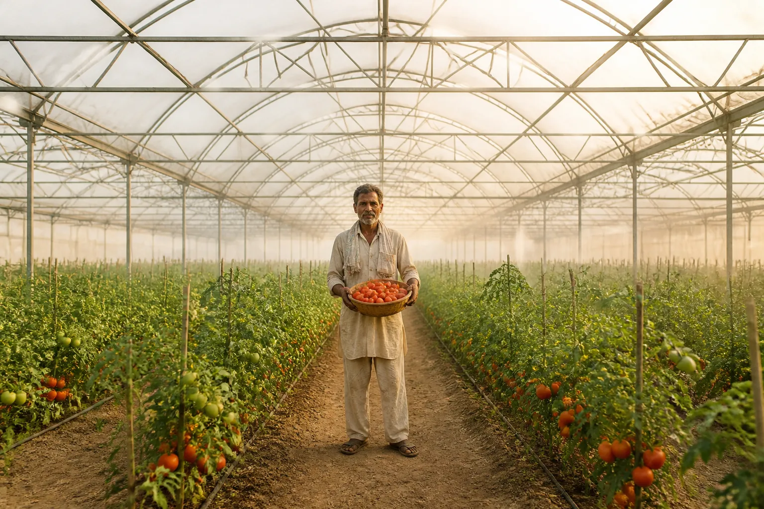 Inside a Soham Greens polyhouse - galvanized steel trusses over tomato crop rows in Madhya Pradesh
