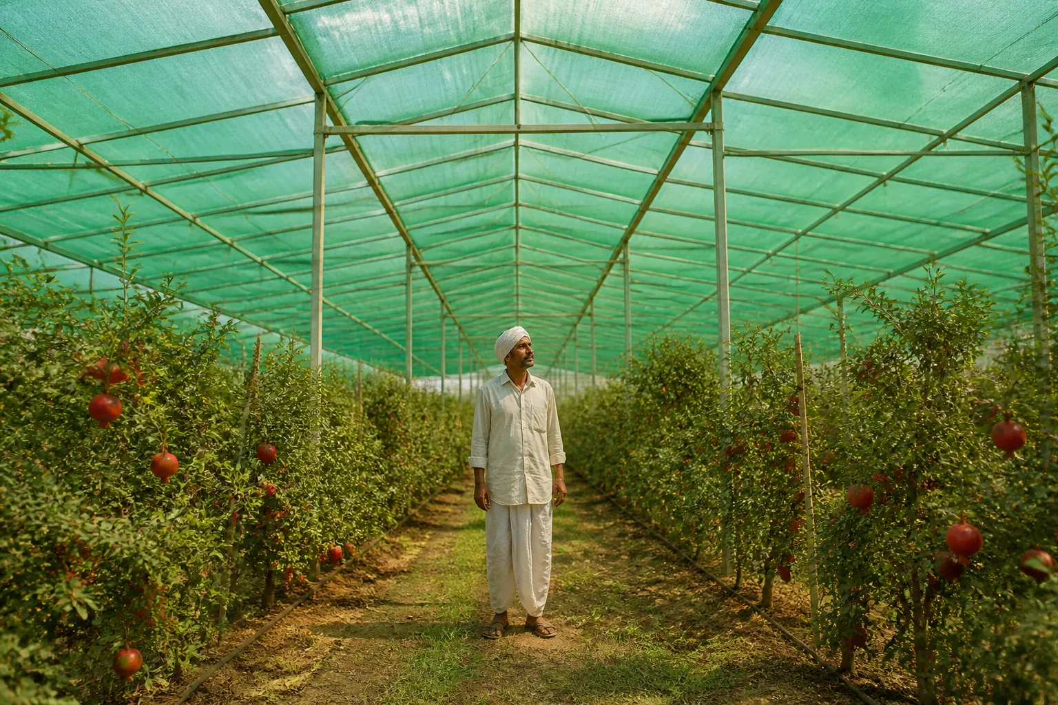 Inside a Soham Greens shadenet house - green netting filters sunlight over crop rows