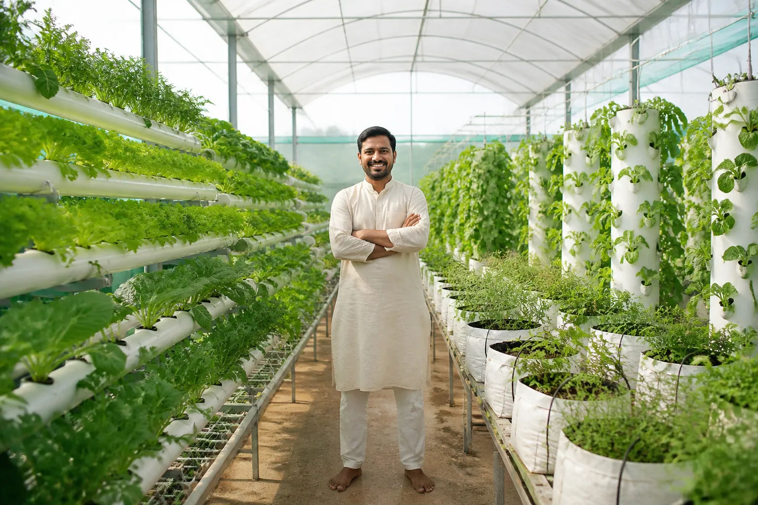 Vertical NFT and hydroponics growing system inside a Soham Greens smart farm