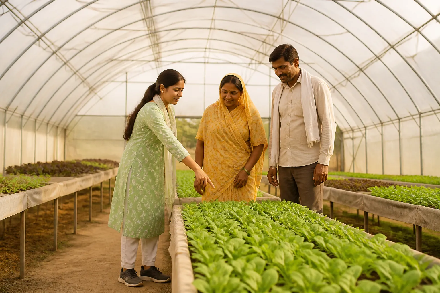 Soham Greens agronomist guiding farmers inside a polyhouse during training